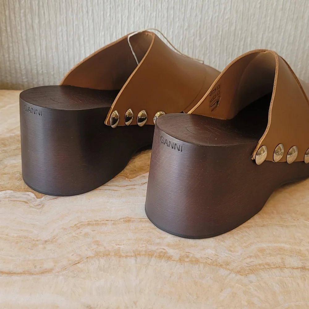 Final Price Ganni Retro Leather Platform Clogs Mules Sandal Tigers Eye MSRP $575 - Picture 15 of 17